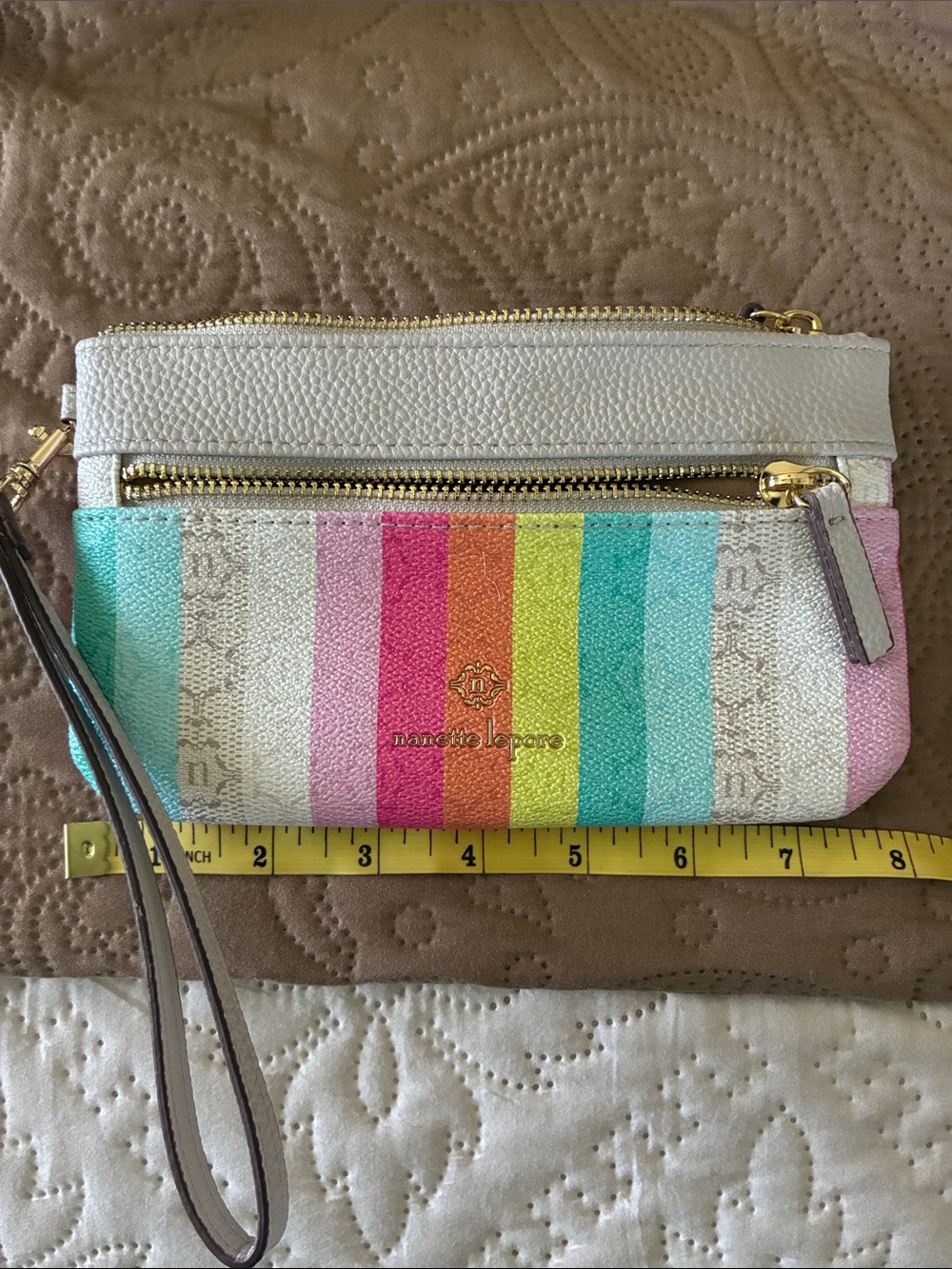 Nanette Lepore White Wristlet with Rainbow Pastel Stripes